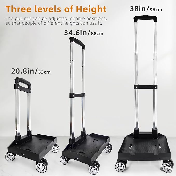 Backpack Trolley Wheeled Cart, Foldable Aluminium Alloy Hand Truck with Edge Guard Base, 4 Spinner Wheels, Luggage Cart with Luggage Strap for Teenagers, Adults, School,Luggage Trolley for Travel
