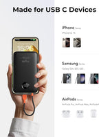 VIYISI Slim Portable Charger Power Bank 10000mAh, PD 20W Fast Charging Compact Battery Pack with Built-in USB C Cable, Travel Essential Compatible with iPhone 17 16 15, Samsung A16 S24, Android-Black