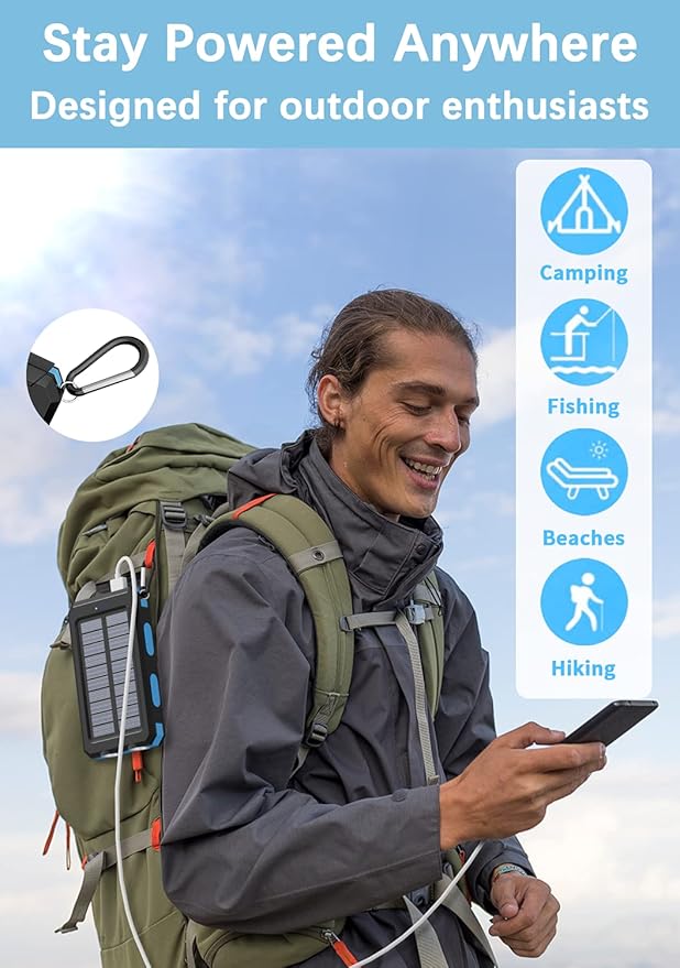 Solar Charger Power Bank - 36800mAh Solar Phone Charger, USB-C QC3.0 Fast Charger with LED Flashlight, IP65 Waterproof Portable Power Bank for Camping, Hiking Outdoor Activities（Blue）