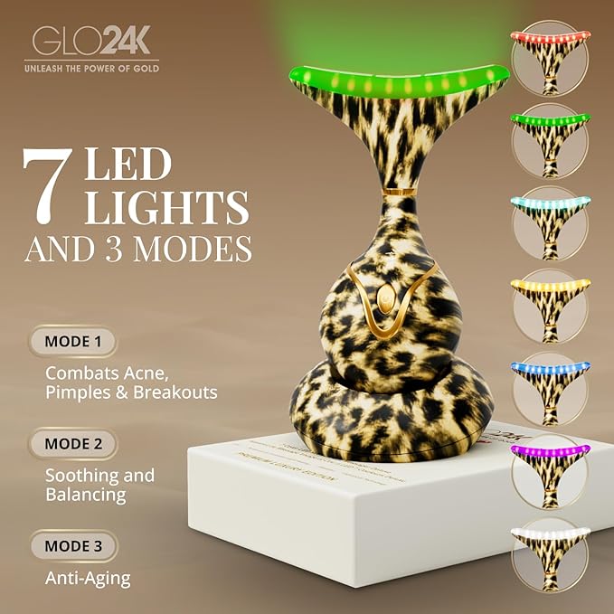 GLO24K 7 Color Beauty Device – Triple LED Action & Vibration Technology Facial and Neck Massager (Cheetah, 1 Pack)
