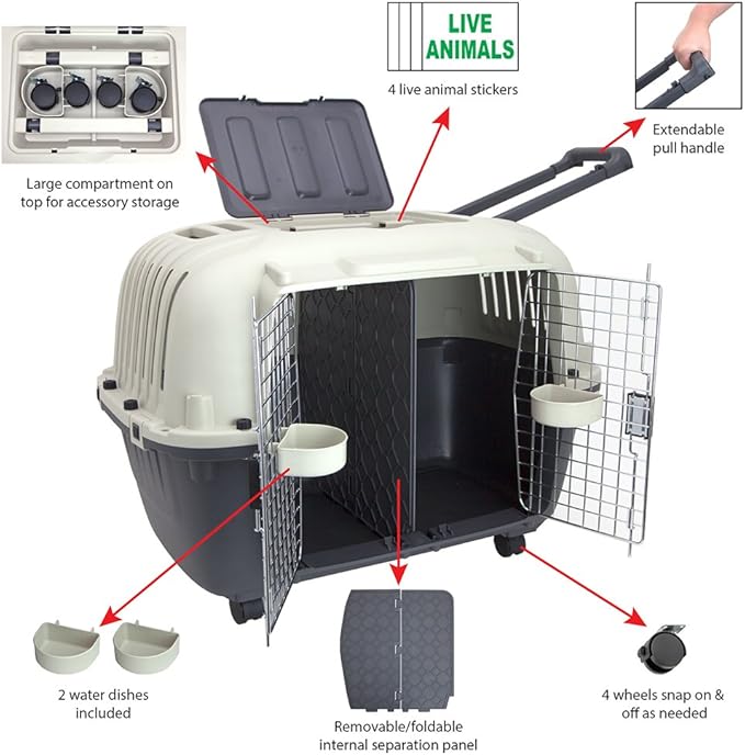 SportPet Airline Compliant 2-Door Large 34.5" Travel Dog Kennel - Durable Plastic Pet Carrier w/Divider, Wheels, & Bowls, Collapsible Indoor/Outdoor Dog Kennel, Dogs up to 28" L & 20" H - Cream/Gray