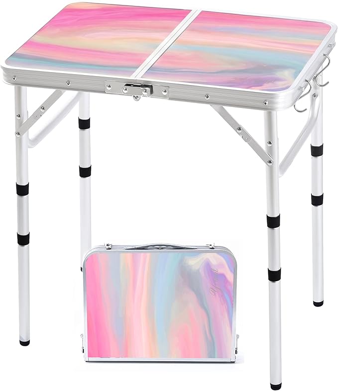 Yriuat Folding Camping Table 2ft Portable Pinic Table Adjustable Height Small Card Table Aluminum Foldable Lightweight with Carry Handle for Outdoor Indoor Hiking Camp BBQ Beach (Blush Haze)