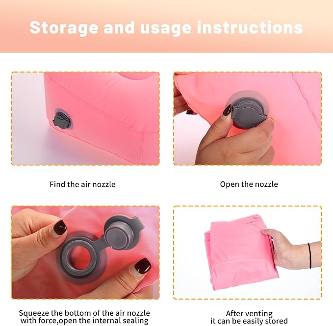 Inflatable Foot Rest Pillow for Travel,Kids Airplane Bed,AdjustableAir Travel Essentials,Car, Office, Home - Fast Inflation （Pink