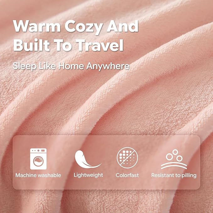 Travel Blanket, Soft 2-in-1 Airplane Blanket, 65x40 Inches, Travel Blanket Airplane Compact with Bag, Car Blanket with Luggage Sleeve & Backpack Clip (Peachy Pink)