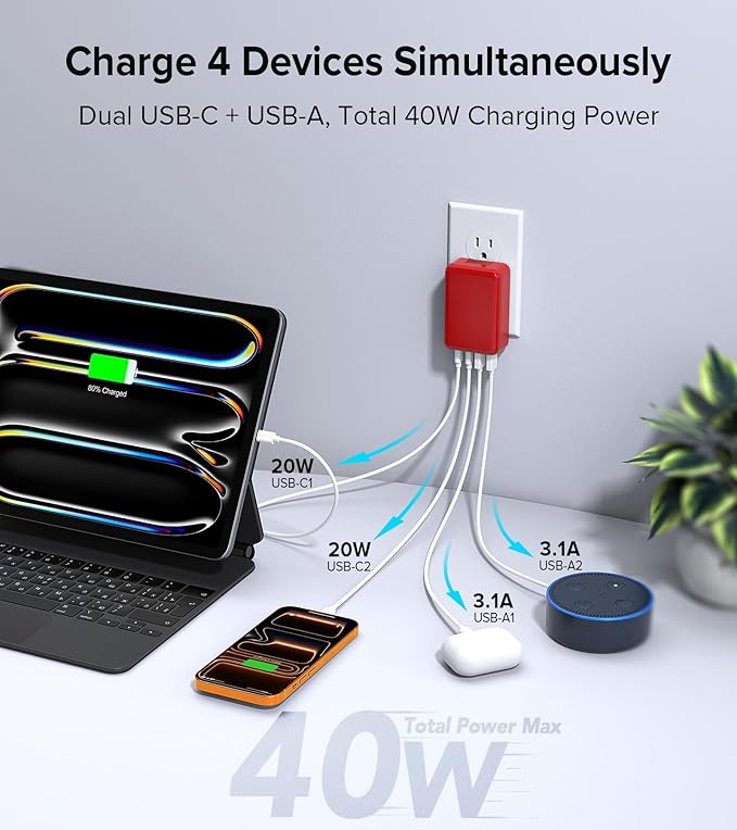 [2-Pack] Flat USB C Wall Charger,40W Fast USB C Charger Block,4-Port PD Power Adapter +QC Wall Plug Multiport Type C Charging Block Cube Compatible with iPhone 17 16 15 14 13 12 Pro Max XR XS 8 7(Red)