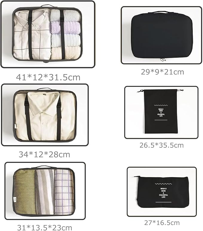 LANSKLBD 6 Set Packing Cubes for Travel, Luggage Organizers with Shoe & Toiletry Bags, Lightweight Suitcase Organizer for Carry-On, Washable Laundry Bags(Black)