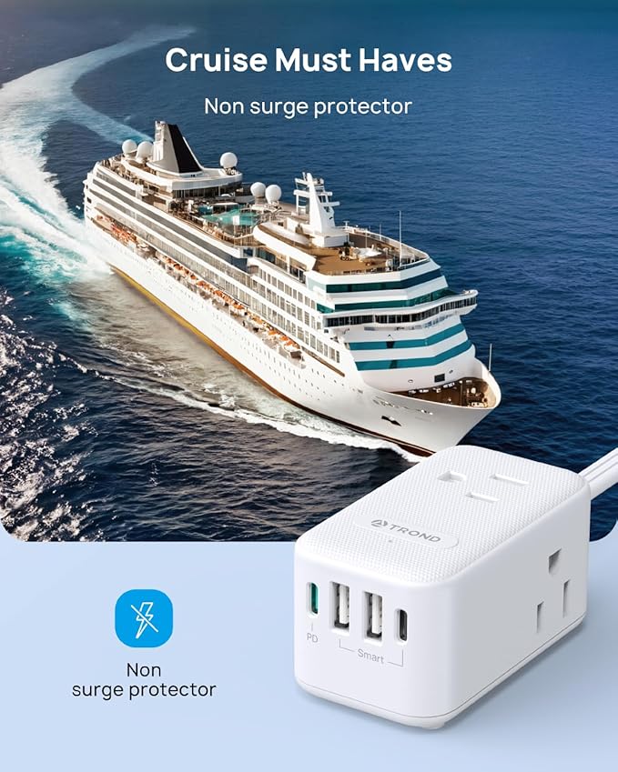 TROND 20W USB C Travel Power Strip - Ultra Thin Flat Plug, Small 10ft Long Extension Cord Wall Mount, 3 Side Outlet Extender for Nightstand, Dresser, Couch, TV, Cruise Essentials, White