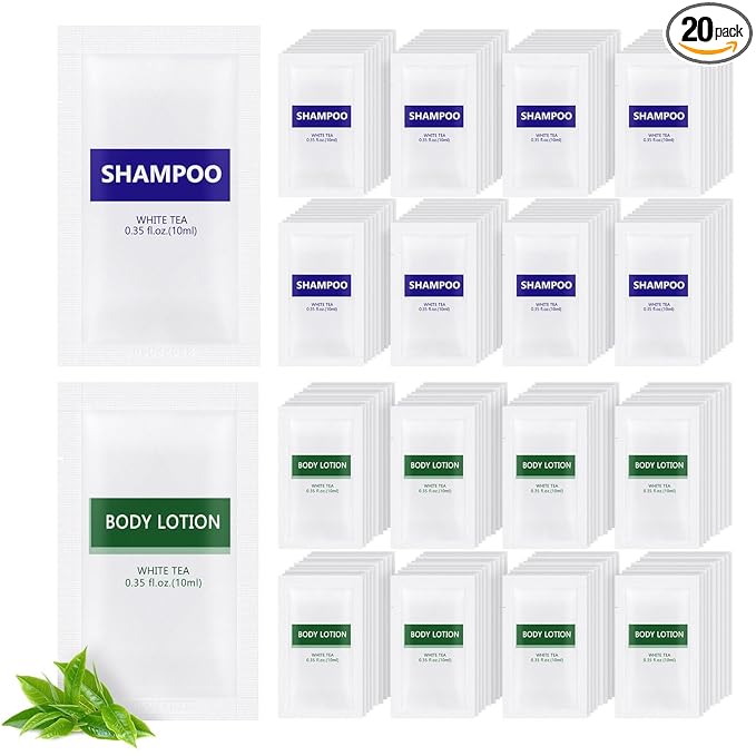 Travel Size Body Wash and Shampoo Bulk,Refreshing White Tea Scent,0.35 fl oz,Individually Wrapped Mini Shower Gel Shampoo Hygiene Kits for Travel/On The Go/Homeless Care/Hotel Guests(Pack of 20)