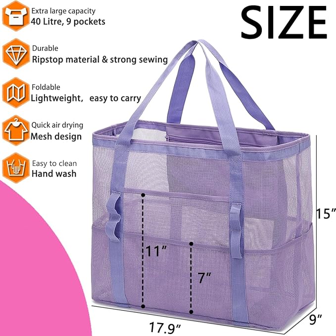 Fammart Mesh Beach Bag with Zipper, Large Beach Tote for Women, Toys Pool Swim Bag Travel Vacation Cruise Essentials