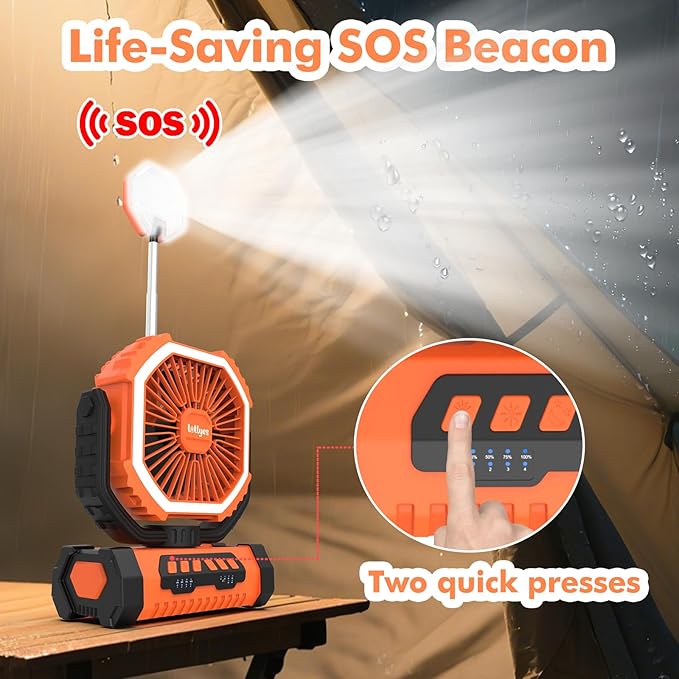 Portable Fan, AI Outdoor Rechargeable Camping Fan with Light, 20000mAh Battery Powered, 360° Rotating Hook, 4 Speeds for Indoor, Traveling, Tenting, RVing, Fishing, Beach (Orange)