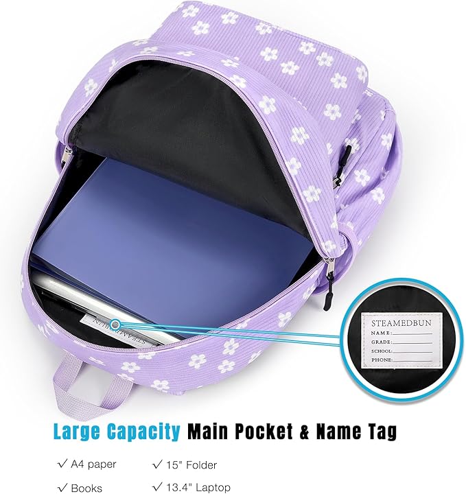 STEAMEDBUN Corduroy Kids Backpack for Girls Boys 3-8, Girls Backpack for Elementary Kindergarten - Purple Floral
