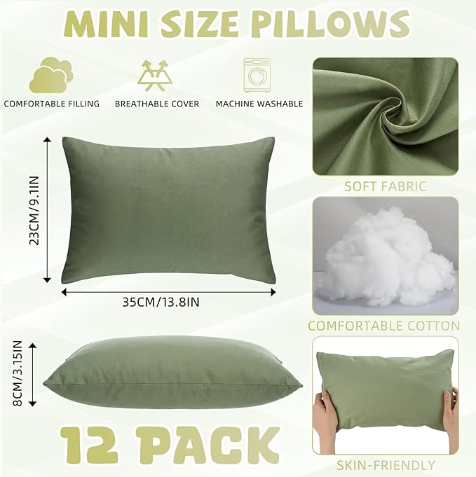 Kigley 12 Pack Mini Pillows for Daycare 9.1 x 13.8'' Small Travel Pillow Bulk Soft Breathable Cotton Pillow for Nap Travel Pet Neck Lumbar Purse Insert (Olive Green)