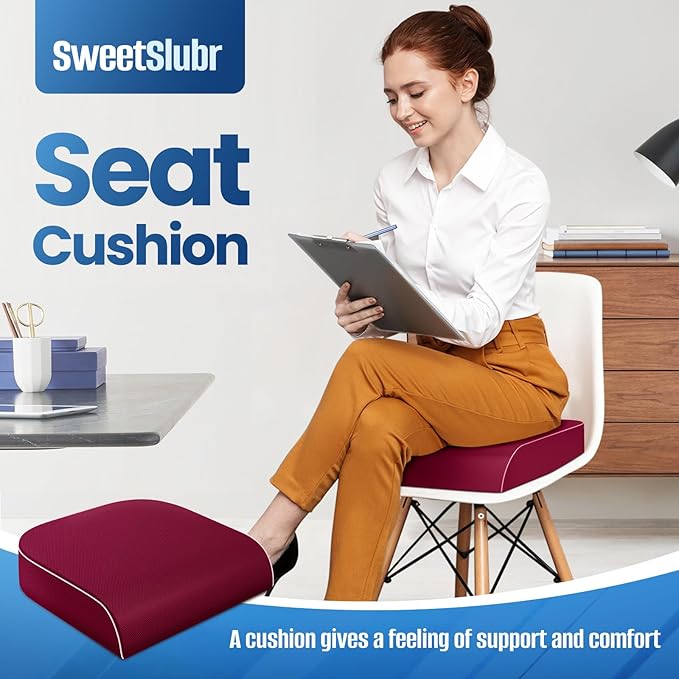 SweetSlubr Seat Cushion for Tailbone Pain Relief, Office Chair Cushion, Memory Foam Large Chair Cushion with Non-Slip Cover for Soft Support at Office Chair, Car Seat, Airplane Red/X-Large