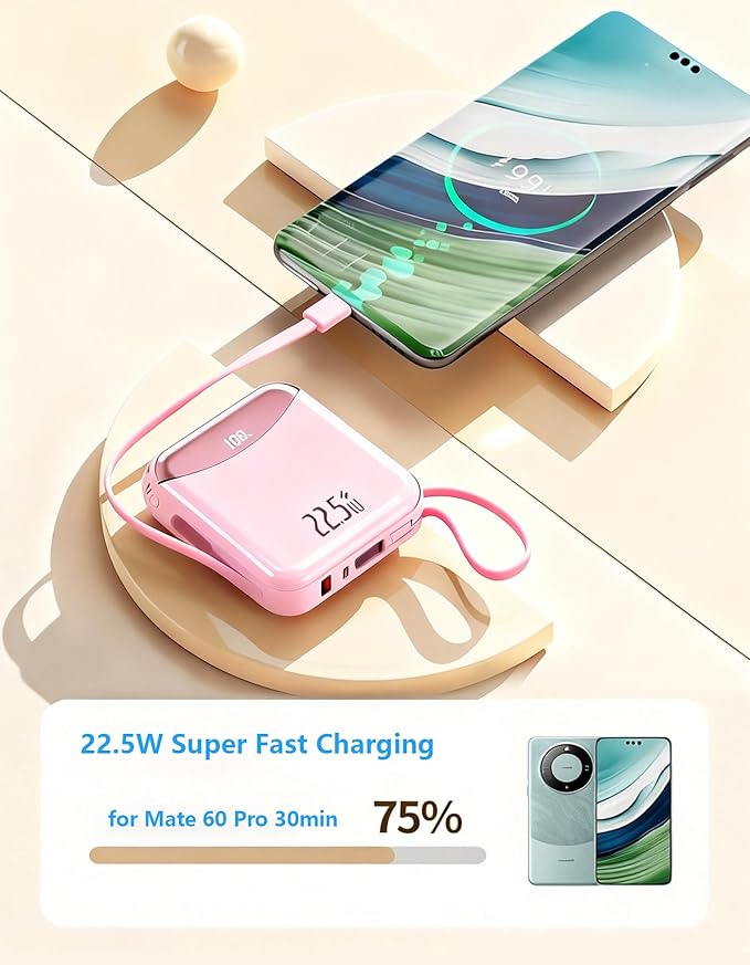 10000mAh Portable Charger with Built-in USB-C & Light-ning Cables, 22.5W Fast Charging Power Bank, Travel Battery Pack with LED Display for iPhone Samsung Android – Flight Approved
