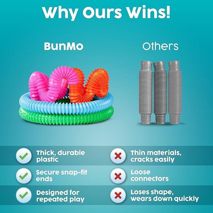 BUNMO Pop Tubes - Sensory Toys - Fidget Toys - Imaginative Play & Stimulating Creative Learning - Hours of Fun for Kids - Tons of Ways to Play - Non-Mouthable Toy 3+ - 4 Pack Large