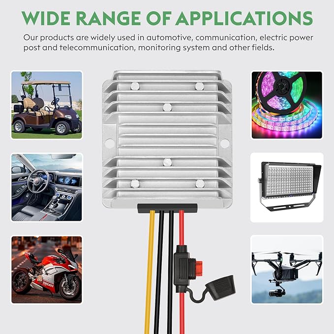 10A 120W Golf Cart DC 18V 20V 24V 36V 48V Step Down to DC 12V Converter Voltage Regulator Reducer Power Buck Converter with Fuse(Inputs 18V-58V to 12V 10A)