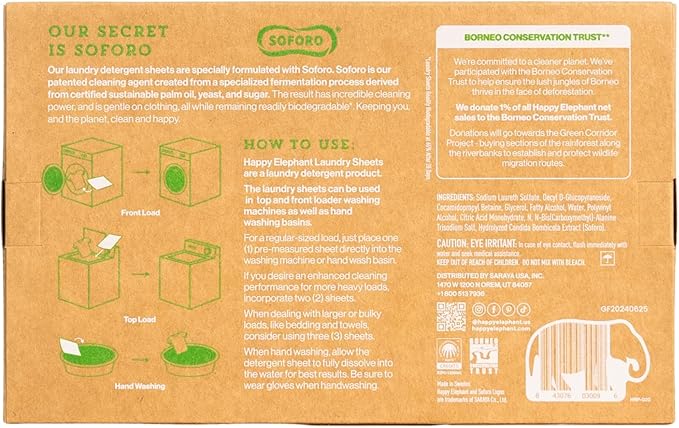 Happy Elephant Laundry Detergent Sheets, Fragrance Free, Natural Biodegradable Laundry Sheets, Travel Ready, Tough on Stains, Gentle on Skin, Compatible with HE & Any Washing Machine, 30 Sheet, 1 Pack