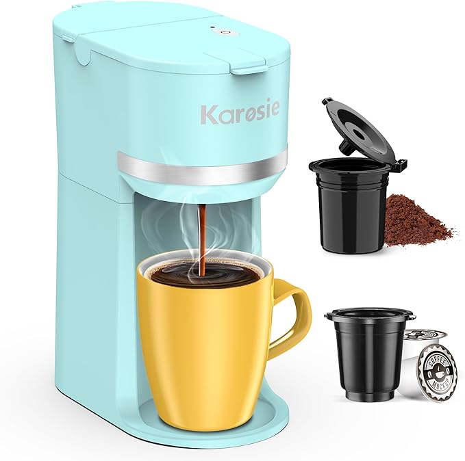 Single Serve Coffee Maker for K-Cup and Ground Coffee, Fast Brew, 6-12 oz Brew Sizes One Cup Coffee Machine Fits 5.5" Mugs, One-Button Small Coffee Maker with Descaling Reminder, Light Blue