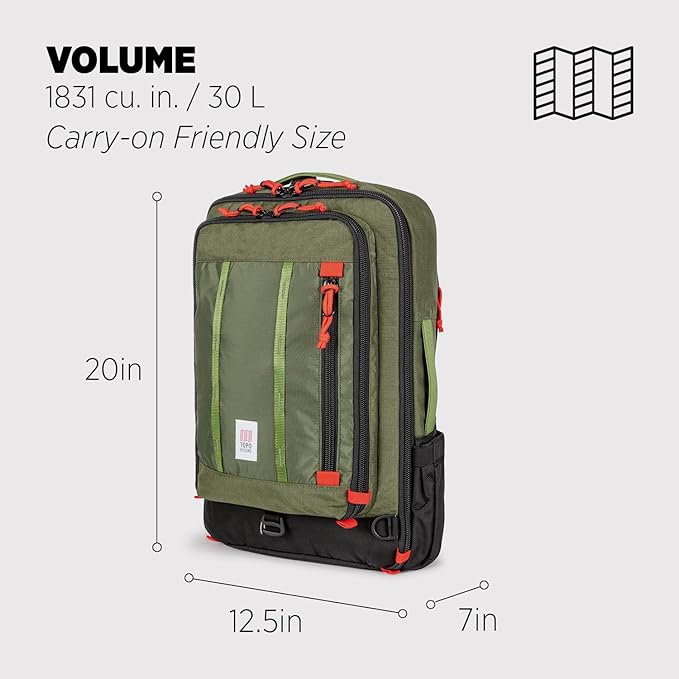 Topo Designs Global Travel Bag – 30L or 40L - Carry-On Compliant Most Airlines, Durable Travel Duffel Bag, Clam Shell Main Pocket, Laptop Sleeve, Backpack, Luggage (30L / Original Olive)