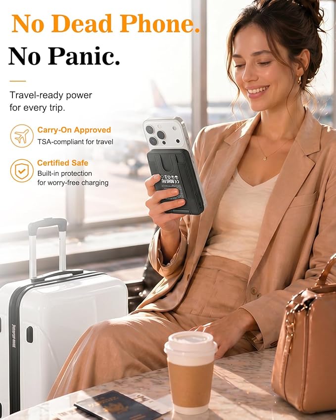 5-in-1 Magnetic Power Bank, 5000mAh Portable Wireless Charger with Mirror, Stand, Bluetooth Remote & Card Holder, MagSafe Compatible Travel Essential for iPhone & Samsung, USB-C Cable Included，Black