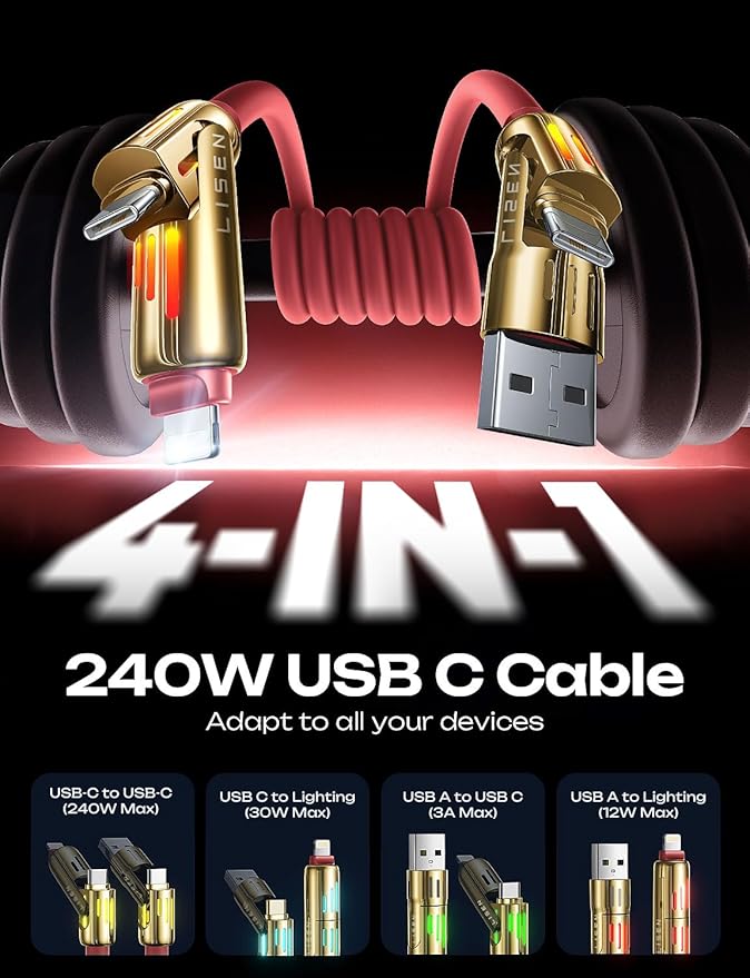 LISEN 240W Chubby Cable for iPhone 14 Pro Max Charger Cord 6.6FT, 4 in 1 USB A/C to C/L Multi Charging Cable with Light for iPhone 16 15 14 Pro Max/MacBook/iPad Pro M5/Samsung S25, Red