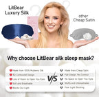 LitBear 100% 22 Momme Mulberry Silk Sleep Mask - 3D Contoured Eye Mask for Men Women, Soft Breathable Sleeping Mask with Adjustable Strap, Perfect Blocks Light for Sleeping (Midnight Blue)