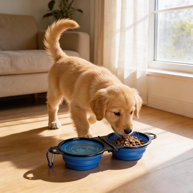 Collapsible Dog Bowls with Carabiner, Double Portable Travel Pet Bowls for Food and Water, Foldable Silicone Dog Bowl for Walking, Hiking, Camping, Small Medium Dogs and Cats, Blue