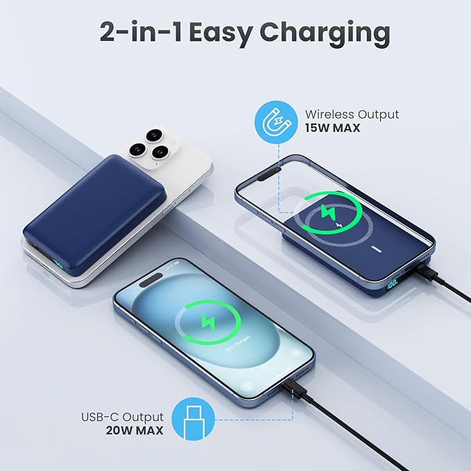 Magnetic Portable Charger 10800mah for Magsafe Battery Pack, Wireless Power Bank with USB C in&out PD Fast Charging,Travel Essential Phone Battery Charger For iPhone 17/16/15/14/13/12 Series-Dark Blue