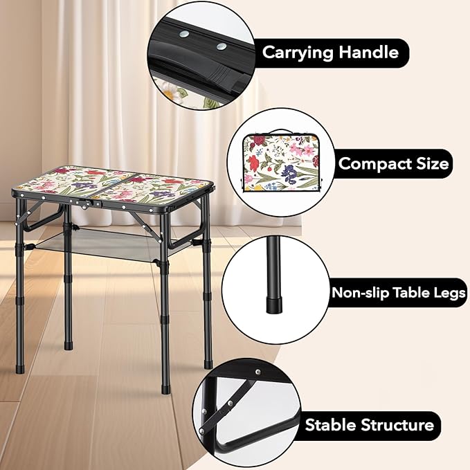 YihuiKo Small Camping Table, Vintage French Flowers Pattern Folding Table, Adjustable Height, Lightweight & Portable Outdoor Picnic Table with Carry Handle for Patio, Living Room, Travel