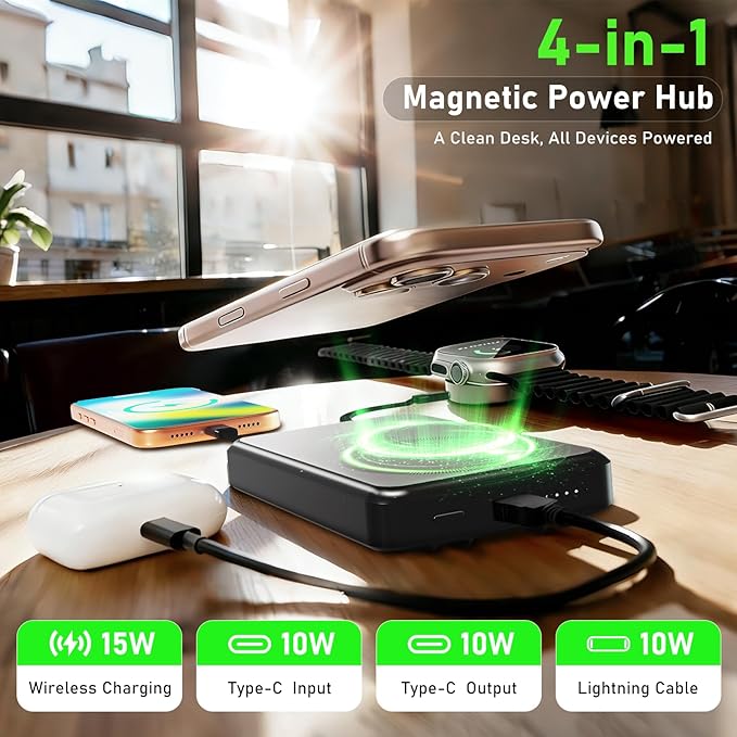 Magnetic Power Bank 10000mAh, 4-in-1 Portable Charger with Built-in USB-C/Lightning Cable Foldable Stand, 15W Fast Wireless Charging Battery Pack for Samsung, Android, iPhone, Travel Essential