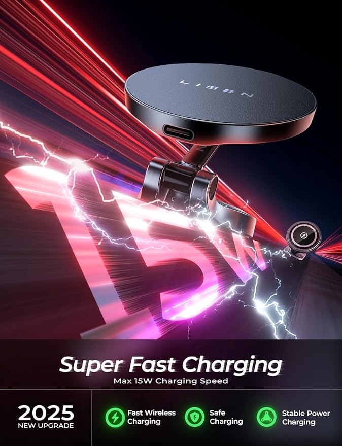 LISEN Magsafe Car Mount Charger, 15W Fast Charging Magnetic Wireless Car Charger [Mini & Fast Charging], Magnetic Car Phone Holder Dashboard Gifts for iPhone 17 Pro Max Air 16 15 14,Samsung