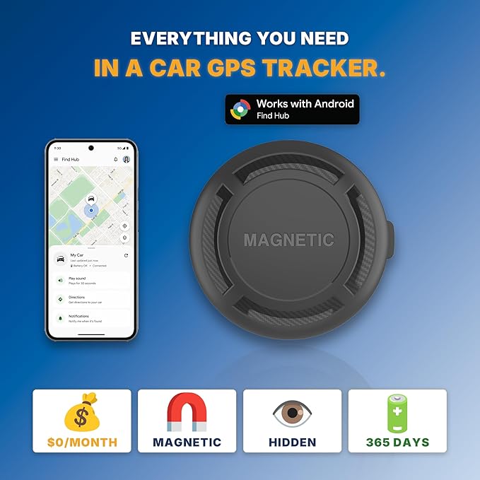 GPS Tracker for Vehicles - Magnetic Car GPS Tracker, No Subscription, Works with Google Find Hub (Find My Device), Anti-Theft Real-Time Tracker, IP67, 365 Day Battery (Android Only)