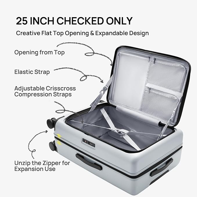 NINETYGO Medium Checked Luggage 25 Inch, Flat Top Opening Check In Luggage with Cup Holder, Expandable, Lightweight PC Hard Shell, TSA Lock, 360° Spinner Wheels (Charcoal Coconut Milk)