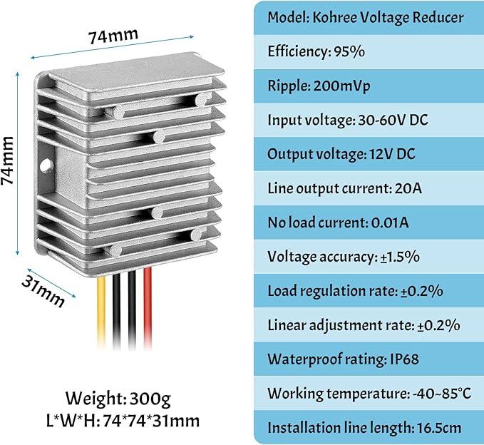 Kohree DC 36V/48V Step Down to 12V 20A 240W Converter Regulator Reducer Voltage Regulator Reducer for Golf Cart Waterproof Power Supply Transformer Volt Module