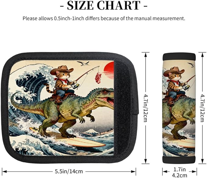 2 Pack Luggage Handle Wrap with Travel Tags - Non-Slip Protective Cover Soft Handle Grips Covers for Suitcase(Funny Cat Dinosaur Fishing)