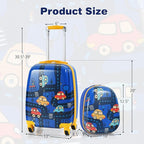 BABY JOY 2 PC Kids Carry On Luggage Set, 12” Backpack & 18” Toddler Suitcase, Hard Shell Travelling Case & Backpack w/ 4 Rotating Casters, Cute Rolling Trolley Case for Boys & Girls (Car)