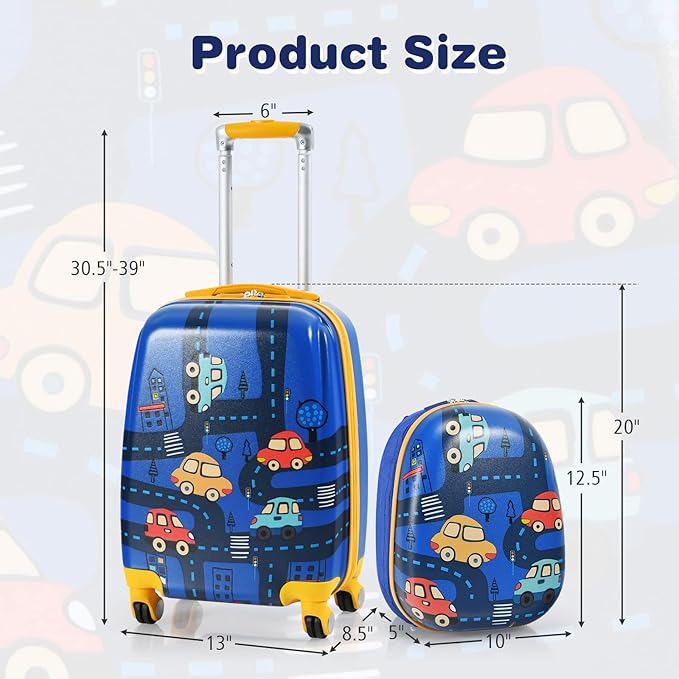 BABY JOY 2 PC Kids Carry On Luggage Set, 12” Backpack & 18” Toddler Suitcase, Hard Shell Travelling Case & Backpack w/ 4 Rotating Casters, Cute Rolling Trolley Case for Boys & Girls (Car)