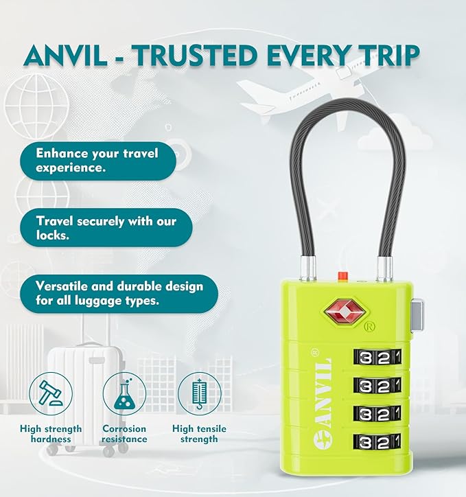 ANVIL 4 Digit Luggage Locks, TSA Locks for Luggage, Advanced TSA008 core, Alert Indicator for Your Travel Lock, Suitcase Lock. (4, Grass Green)