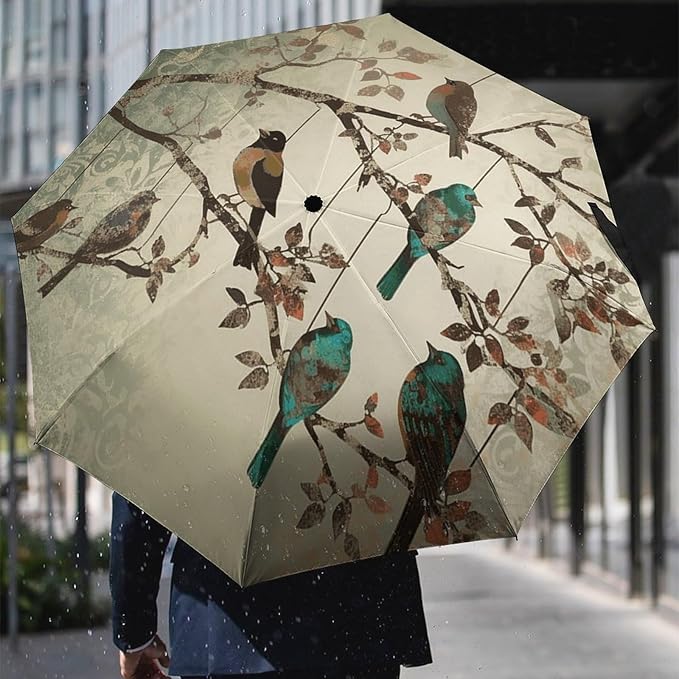 Strongest Windproof Travel Umbrella Birds on Branches Printed Automatic Folding Rain Umbrella, Durable Premium Grip, Fits Car & Backpack