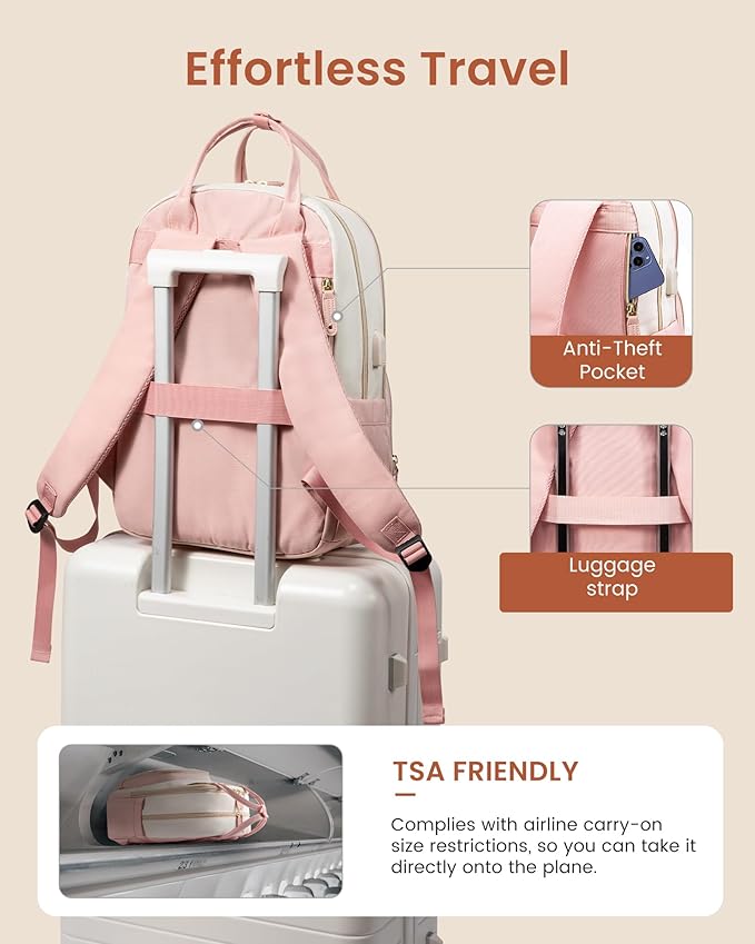 LOVEVOOK Laptop Backpack Women with USB Port Design,18.4 inch Waterproof Work Travel Backpack Computer Laptop Bag,Cute College Nurse Teacher Backpack Purse,Gifts for Women & Men,Beige-Pink-Pink