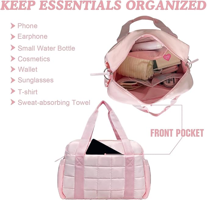 WOLT Small Gym Bag for Women, 14 inch Lightweight Gym Duffle Bag with Wet Compartment Quilted Tote for Sports Workout, Pink