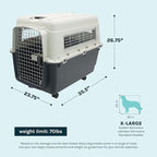 SportPet Airline Compliant X-LARGE 32.25" Travel Dog Kennel-Durable Plastic Airline Pet Carrier w/Removable Wheels & Food Bowls, Collapsible Indoor/Outdoor Dog Kennel, Dog up to 32"L & 23"H-Cream/Gray