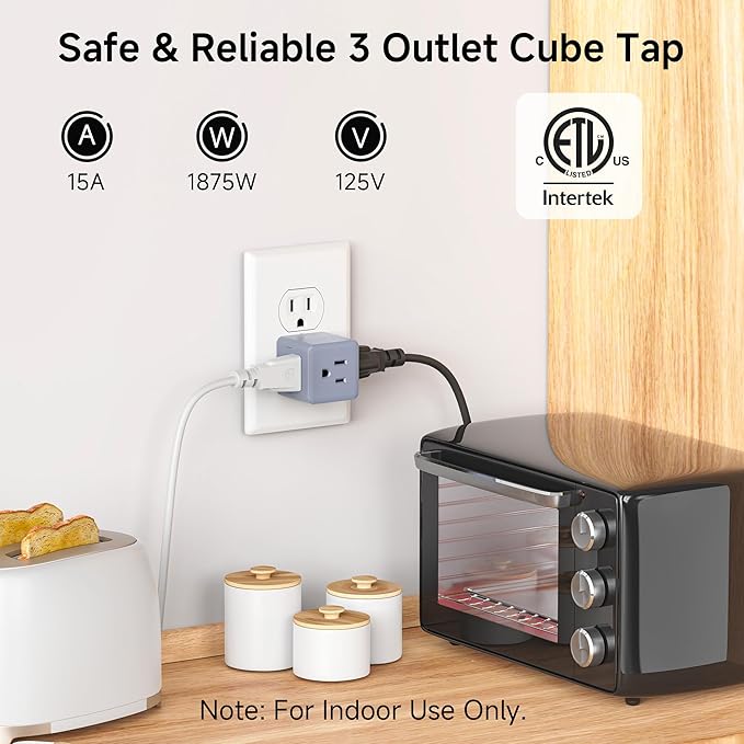 [ETL Listed] Cable Matters 3-Pack 3 Outlet Wall Adapter (Grounded Cube Tap, Outlet Splitter, 3 Way Plug Adapter, 3-Prong Power Splitter), Gray