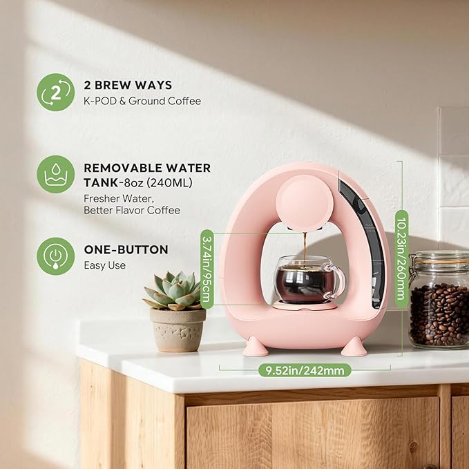 Pod and Grounds Single-Serve Coffee Maker, 2 in 1 One Cup Coffee Machine Compatible with K-Cup Pod & Coffee Grounds/Tea, Compact Design, 4-8oz, Pink