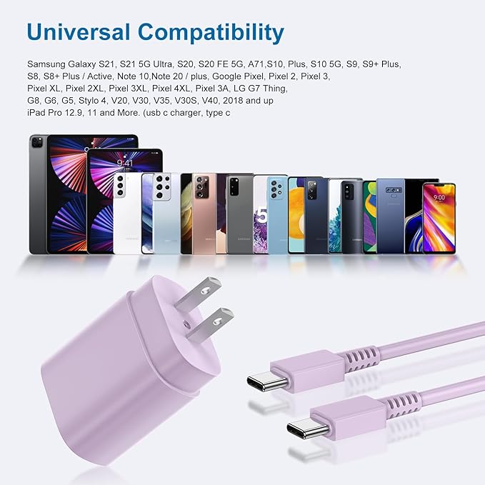 Type C Charger, 2 Pack 25W PD USB C Wall Charger Super Fast Charging Block & 6ft Android Phone Charger Cable for Samsung Galaxy S23 S22 S21 S20 Plus Ultra, Note 20 10 9 8/ S10 S9 S8 Pixel 6 5 4 Pro XL