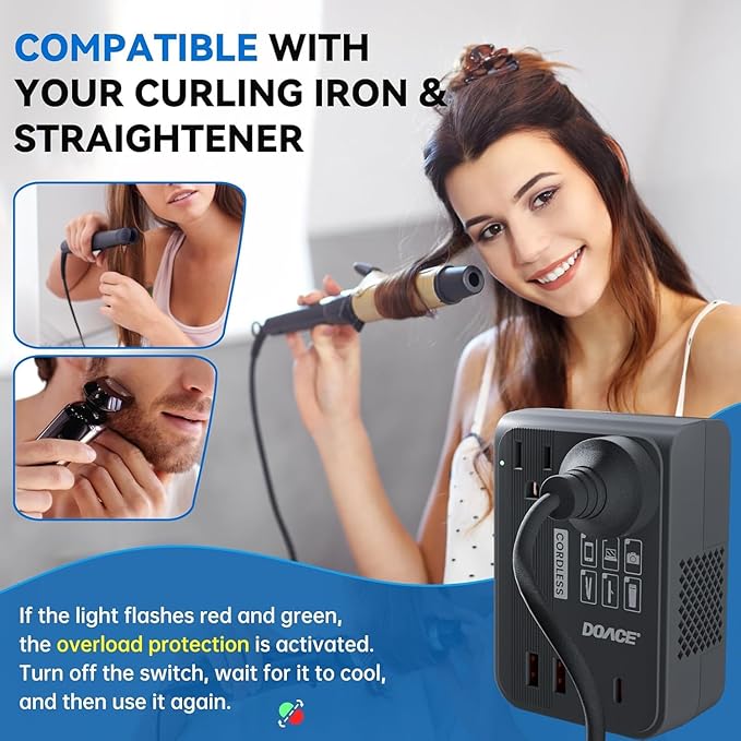 DOACE 350W Travel Voltage Converter US to Europe 220V to 110V Converter for Curling Iron Straightener Converter for European Travel 4 USB Charging Universal Power Plug Adapter UK/AU/US/EU, Black