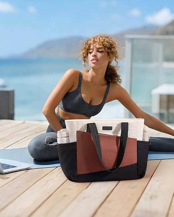LOVEVOOK Gym Tote Bag for Women, Puffy Yoga Mat Bag with Large Cup Holder & Wet Pocket, Work Nurse Bag for Travel Workout