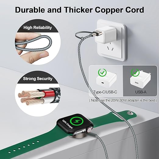 𝟐𝟎𝟐𝟔 𝐔𝐩𝐠𝐫𝐚𝐝𝐞𝐝 for Apple Watch Charger Magnetic Fast Charging Cable [2 in 1] Magnetic Wireless Charging Compatible with iWatch Series Ultra/10/9/8/7/6/SE/5/4/3/2-[3.3FT] Gray