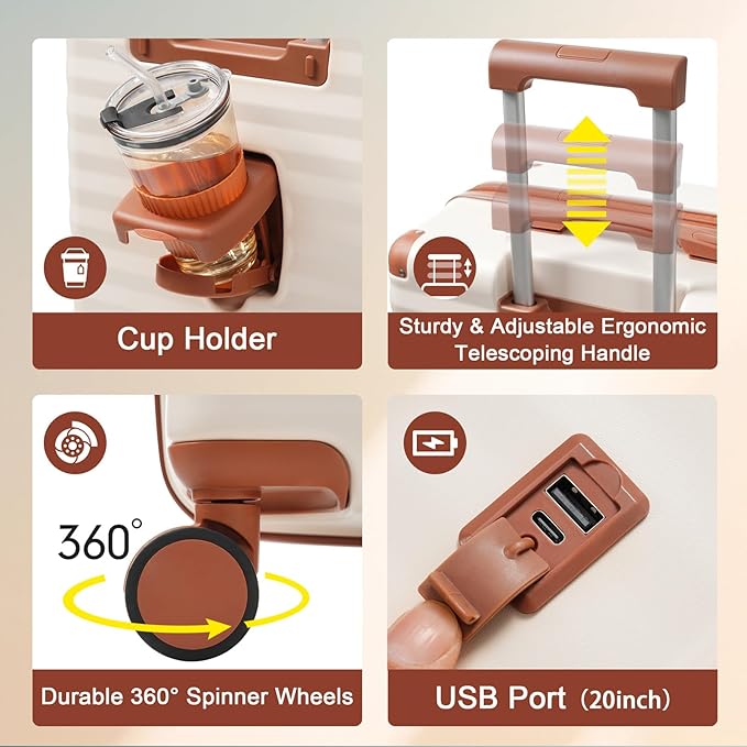 5 Piece Luggage Set w/TSA Locks & USB Port, Front Opening Hard Shell Luggage Sets, Expandable Suitcase Set with Wheels and Cup Holder(20"/24"/28") (Brown White)