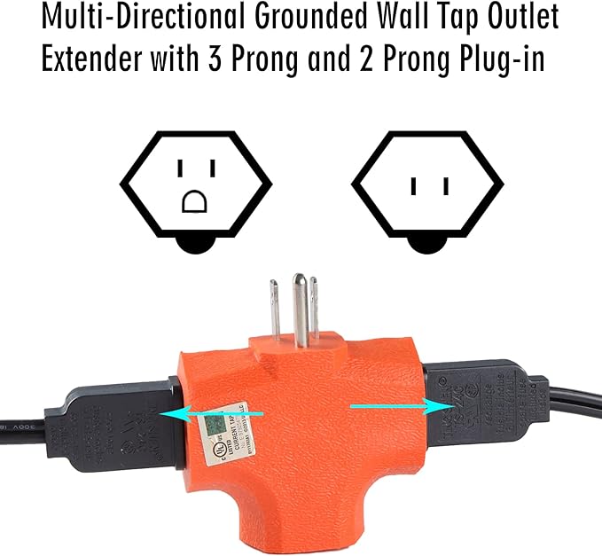 3 Way Plug Adapter - UL Listed - Outdoor Outlet Splitter 3 Prong - Electrical Outlet Extender, Wall Outlet Expander, Outdoor Heavy Duty Triple Plug Outlet Adapter，Cable connectors